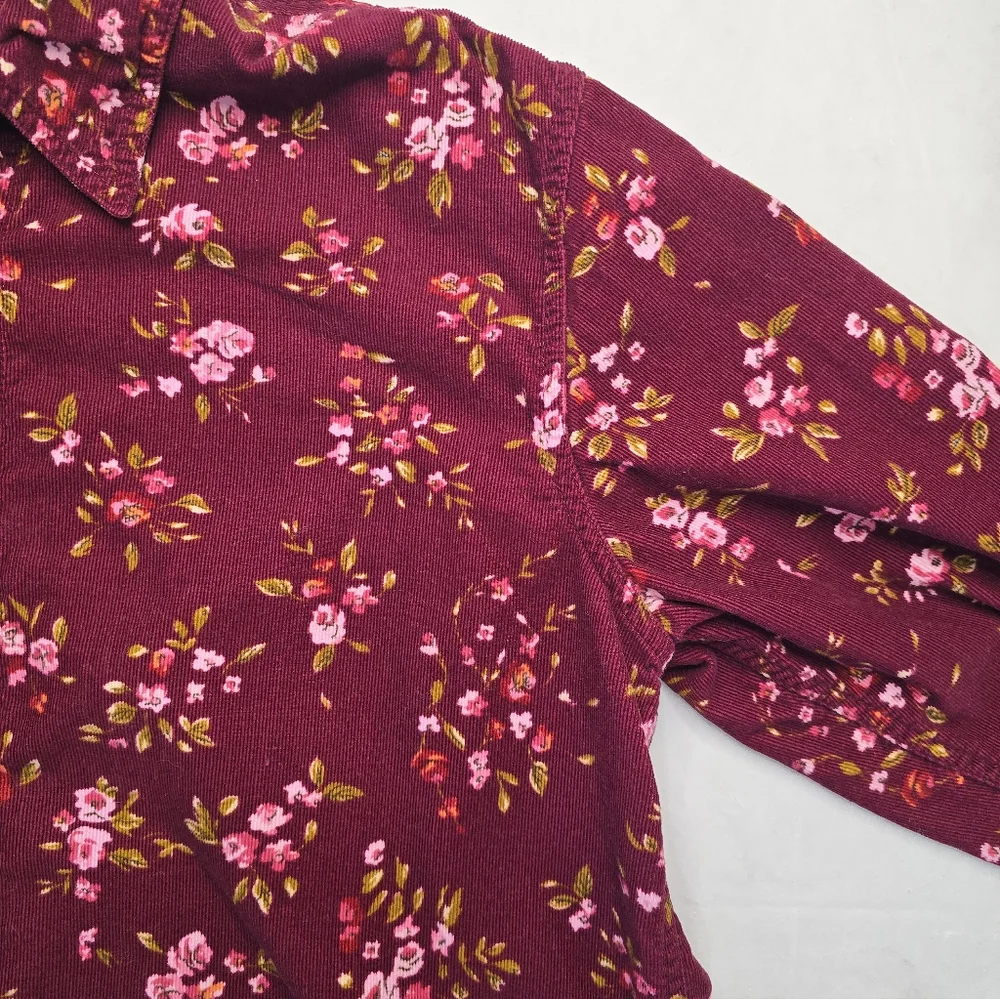 Cabin Creek Floral Corduroy Shirt Burgundy Cotton Button Up Cottagecore M - Picture 6 of 12